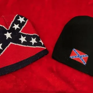Two Rebel Flag Beanie Confederate Knit Hats displayed on a red background—one in red with a full Confederate battle flag design, and one in black with a small embroidered Rebel flag patch.