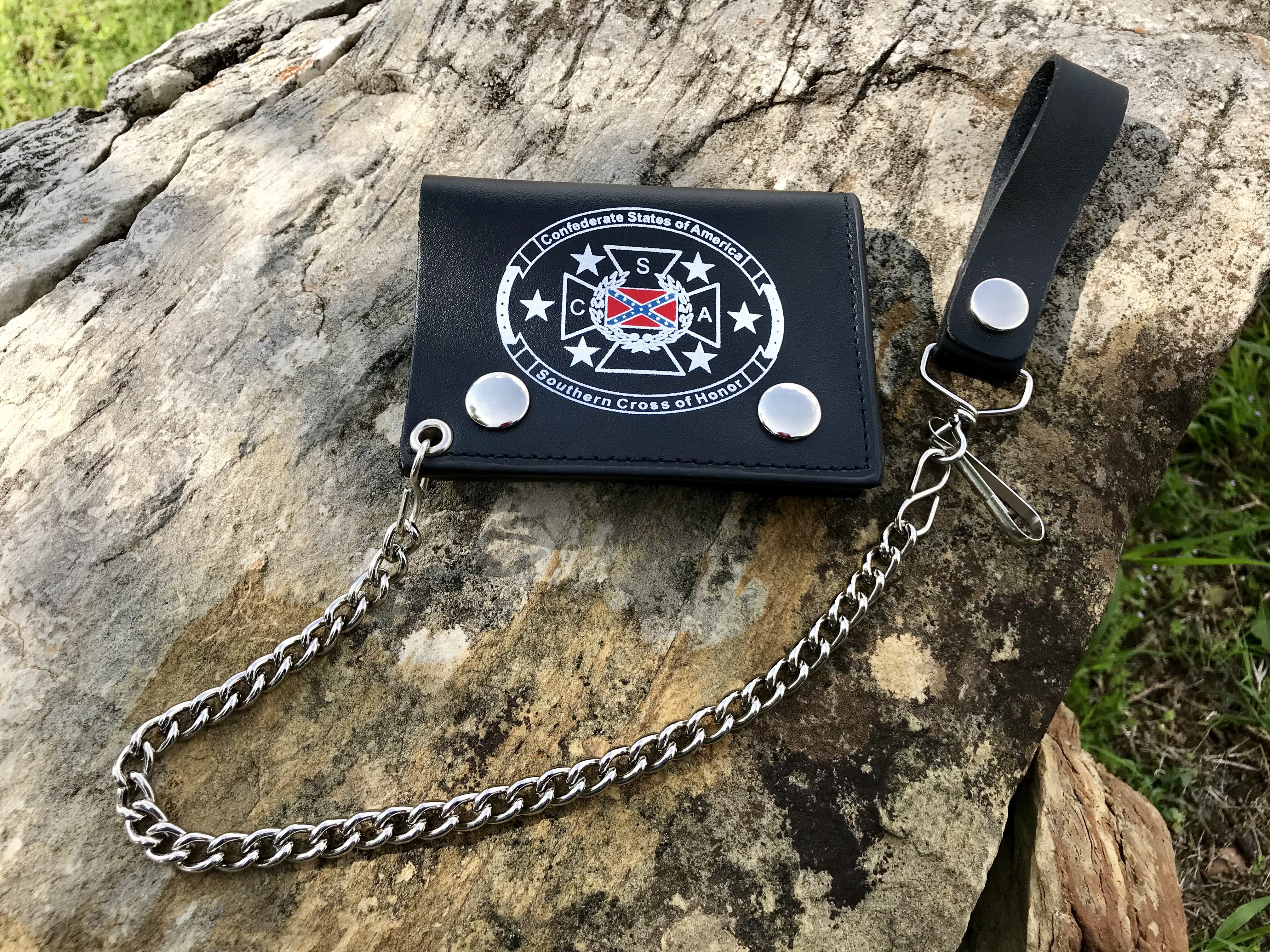 Rebel Cross of Honor Leather Trifold Wallet w/ Chain