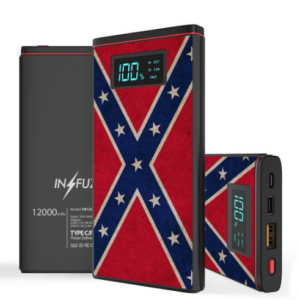 Confederate Flag Wireless Charger Bank – 12000mAh power bank with digital battery display, USB-C and USB-A ports, and bold Southern heritage design.