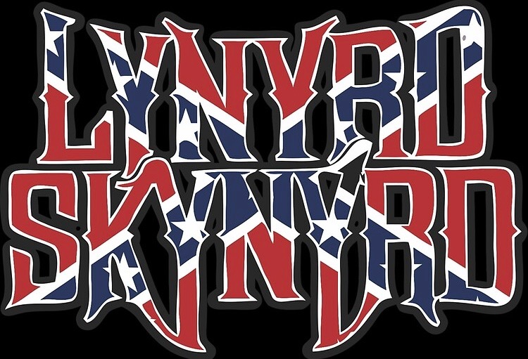 Close-up of Lynyrd Skynyrd logo filled with Confederate flag colors – red, white, and blue Southern rock graphic design.