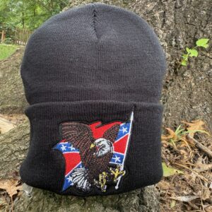 "Confederate Eagle Beanie – Southern pride knit hat with eagle and flag embroidery on fold-over cuff"