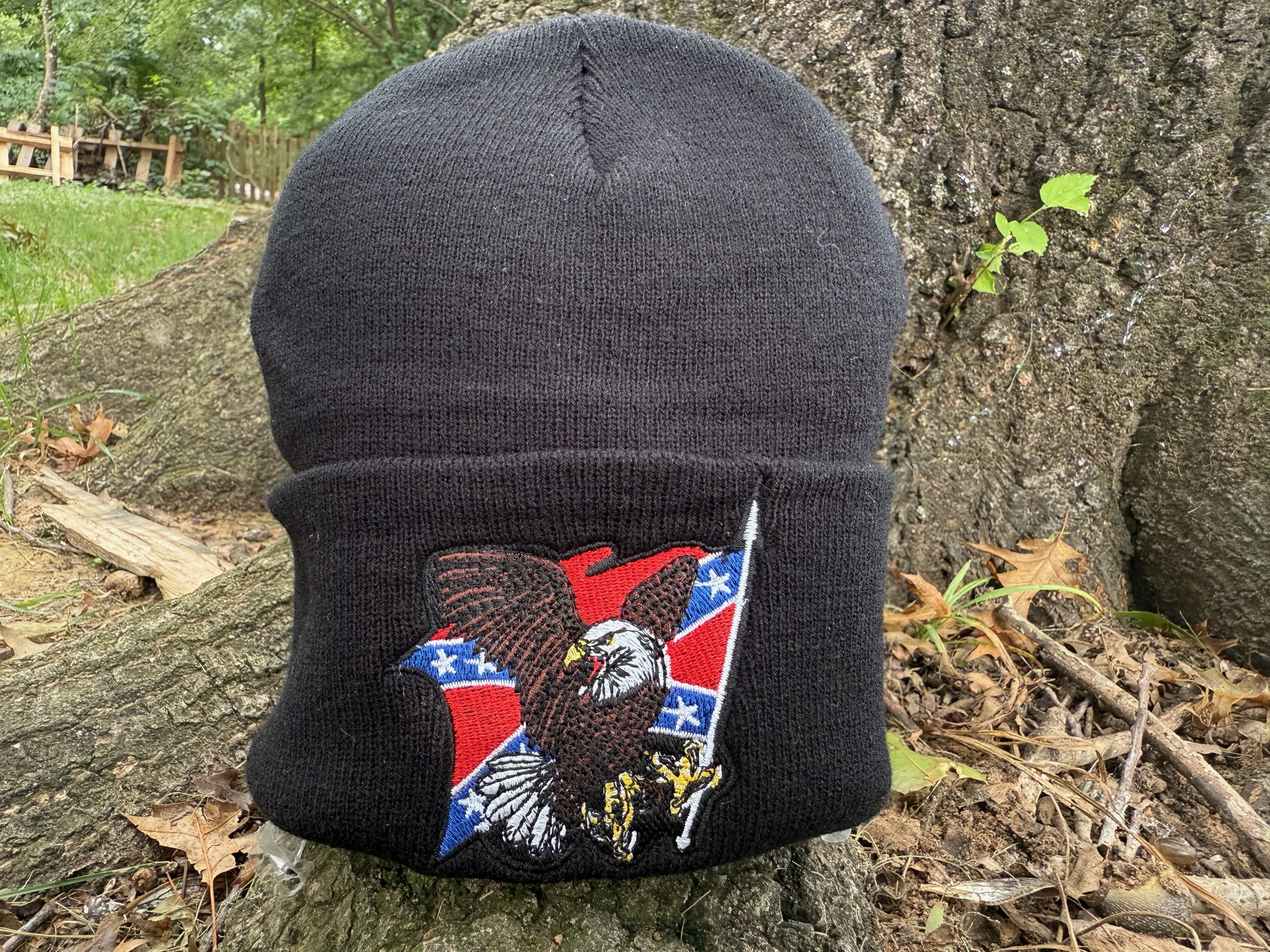 "Confederate Eagle Beanie – Southern pride knit hat with eagle and flag embroidery on fold-over cuff"