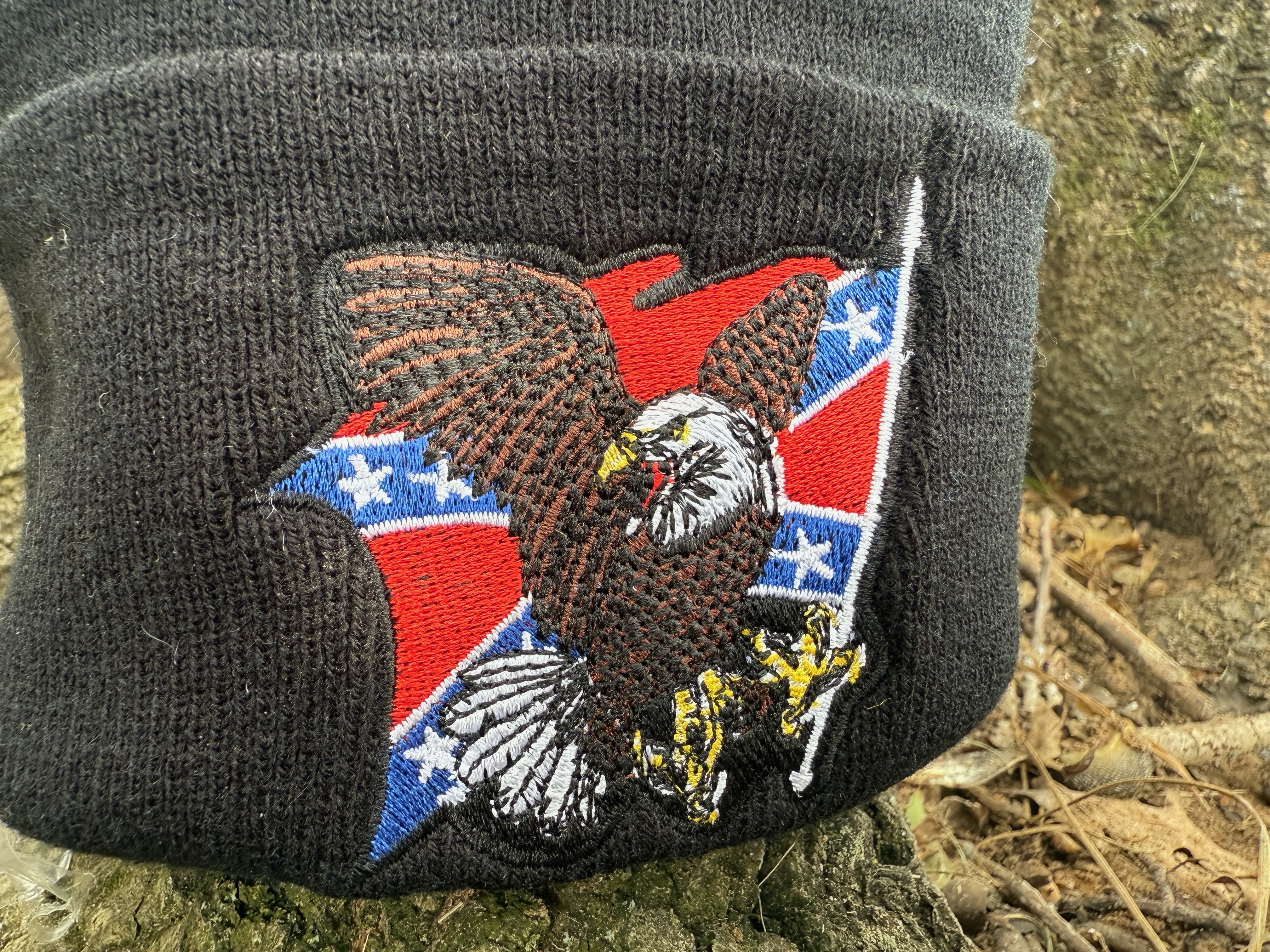 "Confederate Eagle Beanie – Southern pride knit hat with eagle and flag embroidery on fold-over cuff"