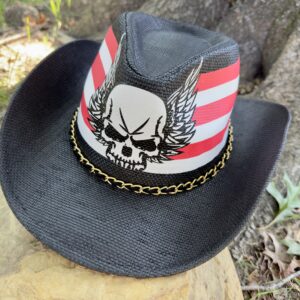“Black straw Skull Wing Cowboy Hat with American flag stripes and gold chain band – Rebel Nation Southern apparel”