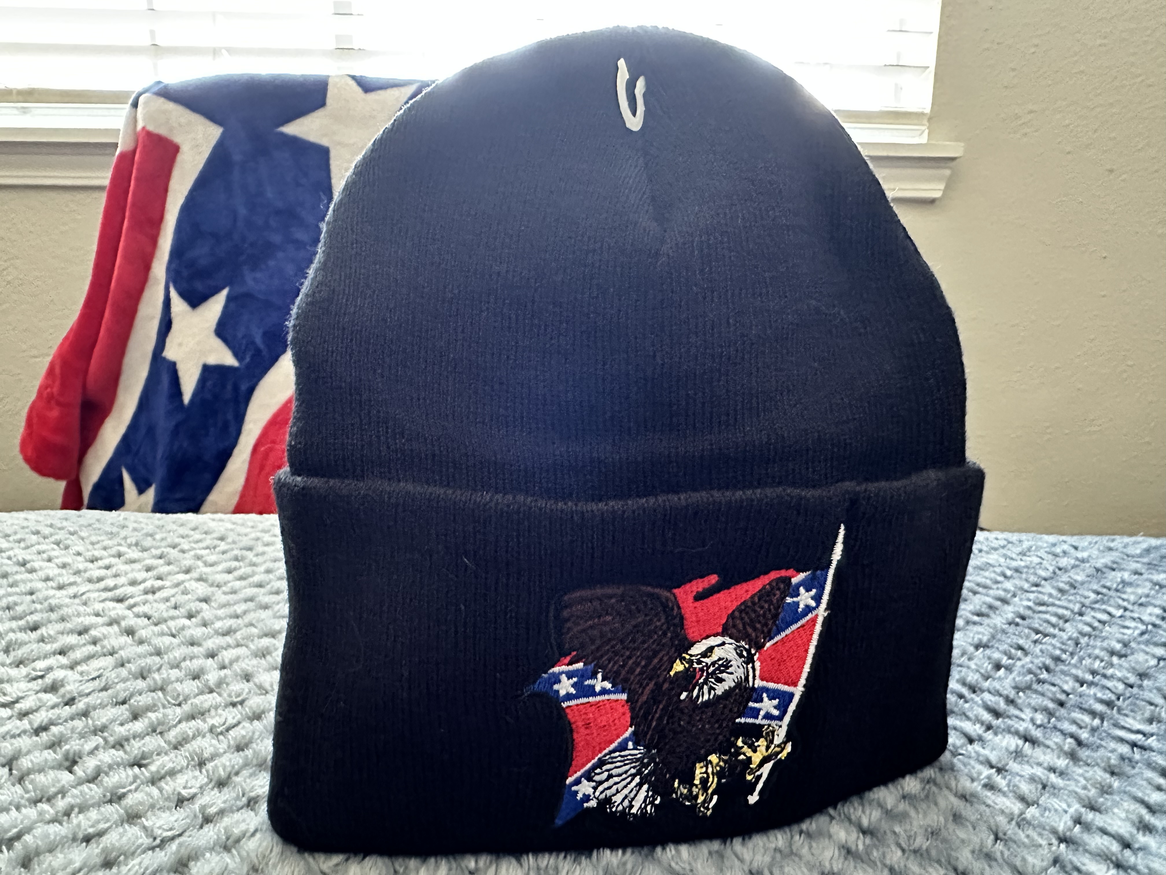 "Confederate Eagle Beanie – Southern pride knit hat with eagle and flag embroidery on fold-over cuff"