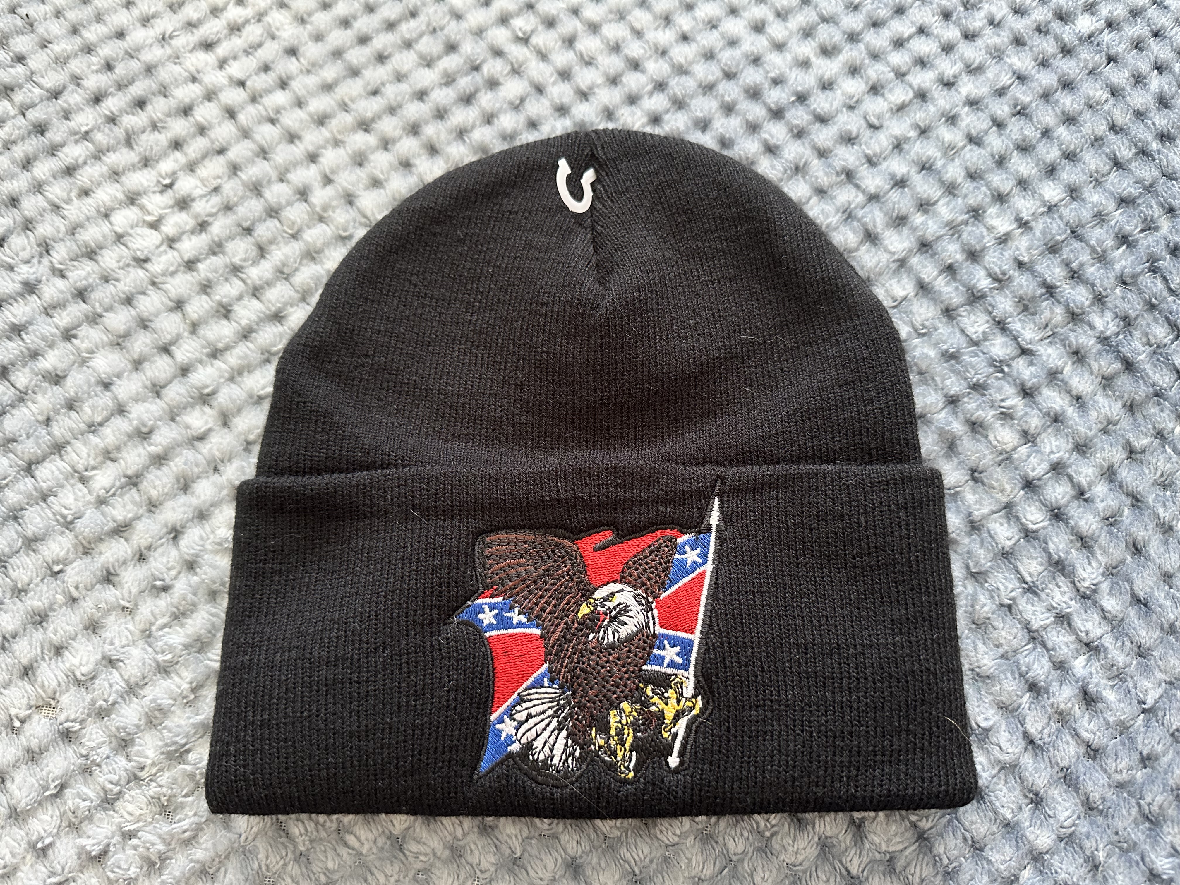 "Confederate Eagle Beanie – black knit hat with embroidered eagle holding Confederate flag, Rebel Nation"