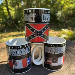 "Flags of the Confederacy Coffee Mug – 12oz ceramic mug featuring multiple Confederate flag designs, Rebel Nation"