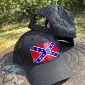 "Confederate Flag License Plate Snapback Hat – black mesh snapback cap with metal flag emblem, Rebel Nation"