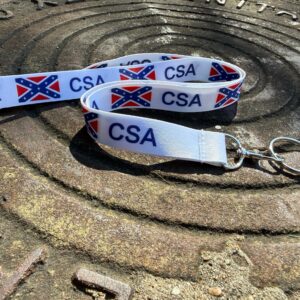 "Confederate CSA Lanyard – white polyester lanyard with CSA text and Confederate flag design, Rebel Nation"