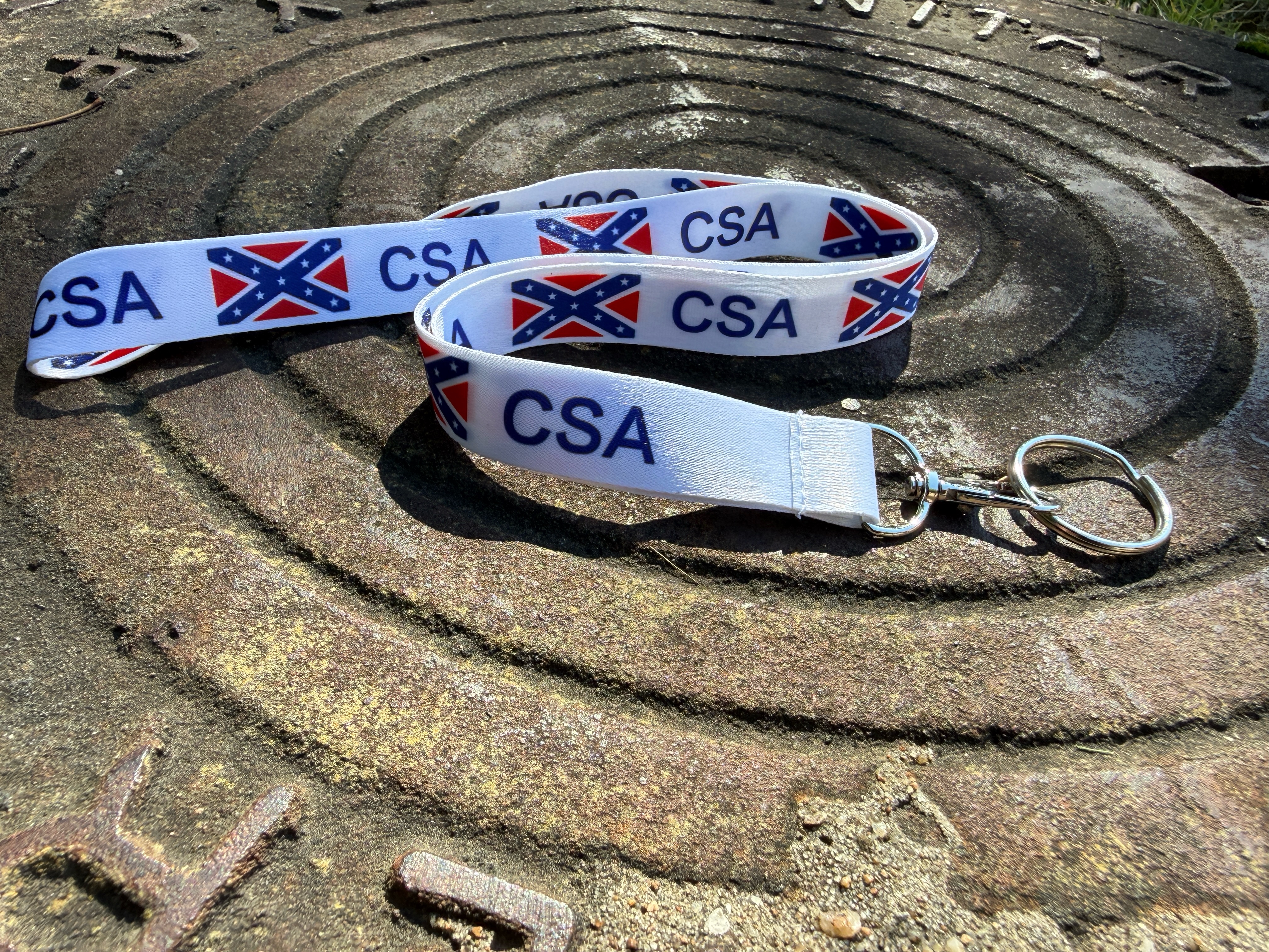 "Confederate CSA Lanyard – white polyester lanyard with CSA text and Confederate flag design, Rebel Nation"